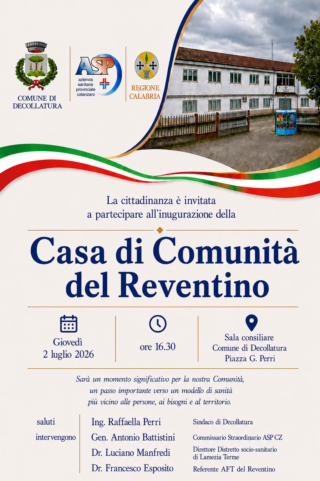 ASP Catanzaro: domani inaugurazione della Casa di Comunità del Reventino